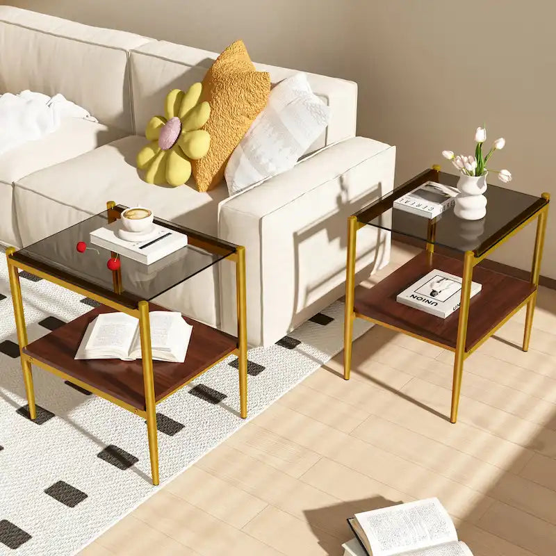Ensemble de 3 tables basses et tables d'appoint, Table en verre trempé avec couche en MDF, Tables modernes pour salon, Verre gris