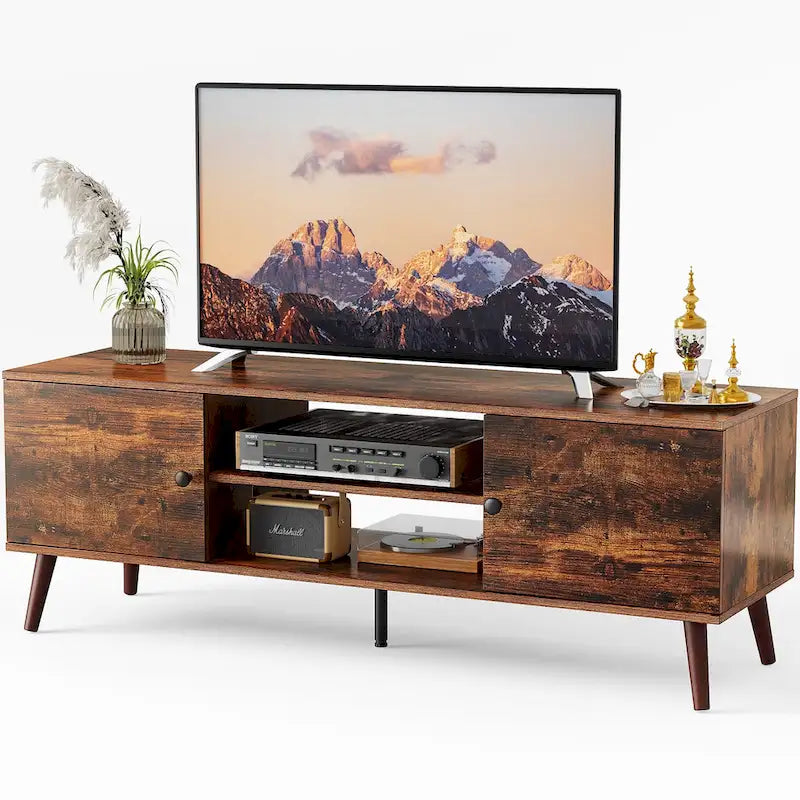 Can accommodate 60 TV, living room/bedroom TV media console, adjustable shelves, 2 storage cabinets, brown