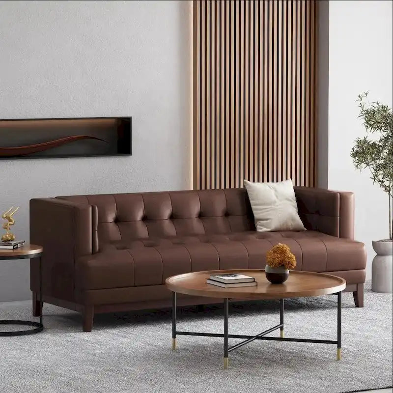 Canapé trois places moderne marron foncé 80,75 à capitons avec pieds en bois