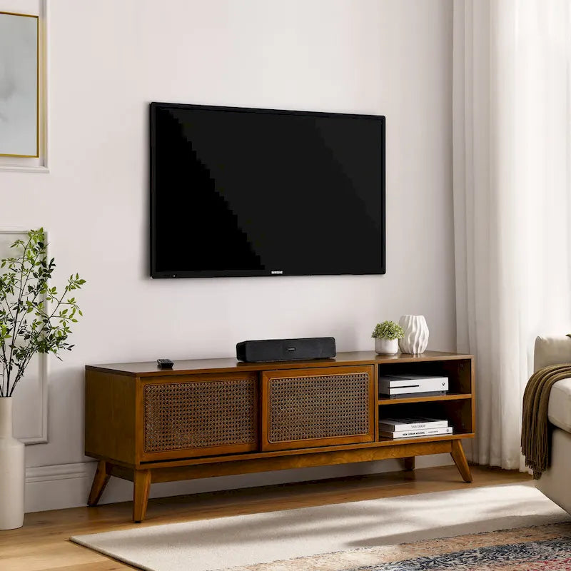 Meuble TV de 150 cm avec étagères ouvertes et portes en rotin pour téléviseurs de 65 pouces