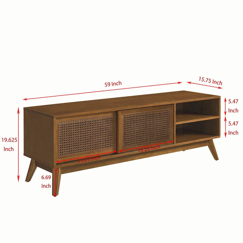 Meuble TV de 150 cm avec étagères ouvertes et portes en rotin pour téléviseurs de 65 pouces
