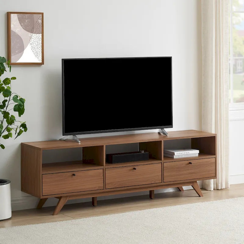 Nowoczesna szafka RTV w stylu skandynawskim, 3-drzwiowa, niska, do telewizorów do 80 cali – Mocha