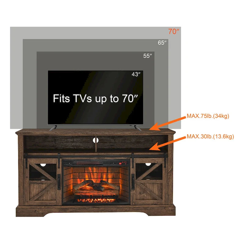Szafka RTV z drewna z odzysku pod kominek, 60", z pilotem i zabezpieczeniem, do telewizorów 70"