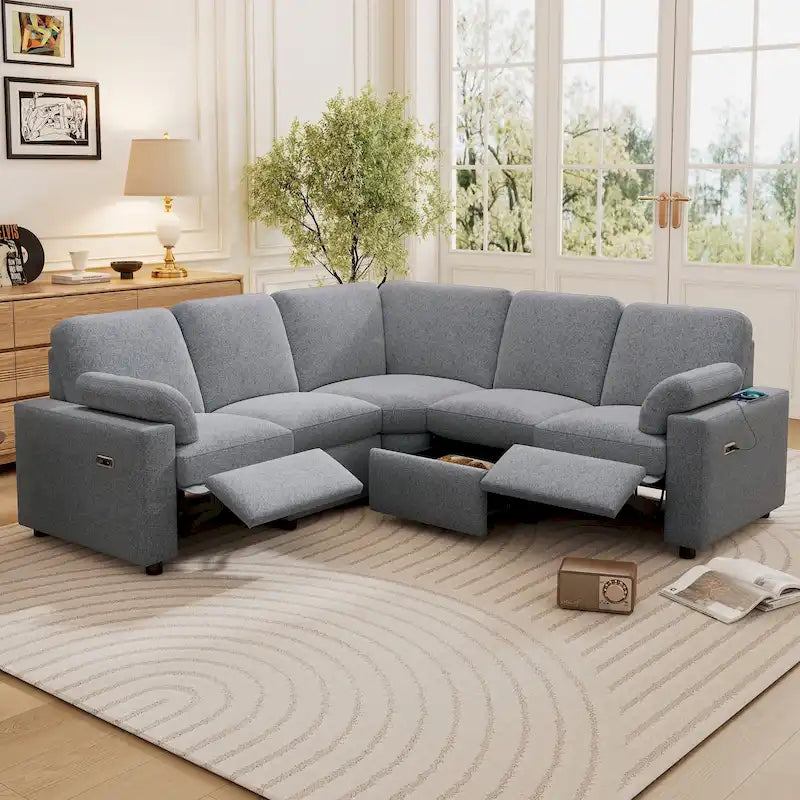89-calowa modułowa sofa z elektrycznie rozkładanymi siedziskami, rozkładana sofa do kina domowego z dwoma portami USB i dwoma szufladami do przechowywania, do salonu, beżowa
