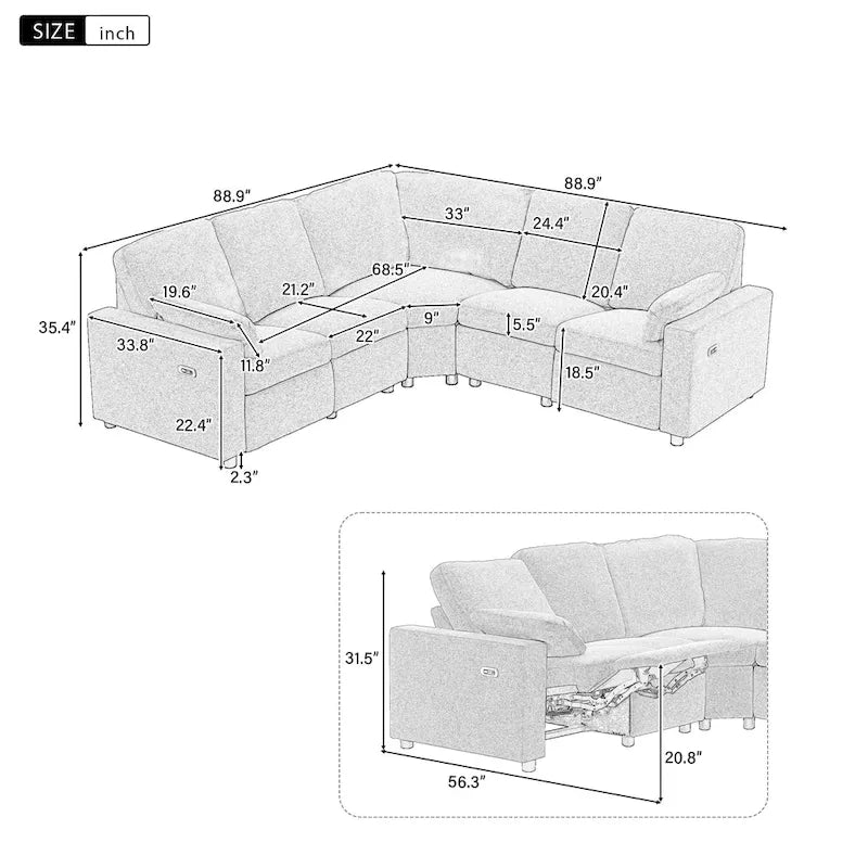 89-calowa modułowa sofa z elektrycznie rozkładanymi siedziskami, rozkładana sofa do kina domowego z dwoma portami USB i dwoma szufladami do przechowywania, do salonu, beżowa