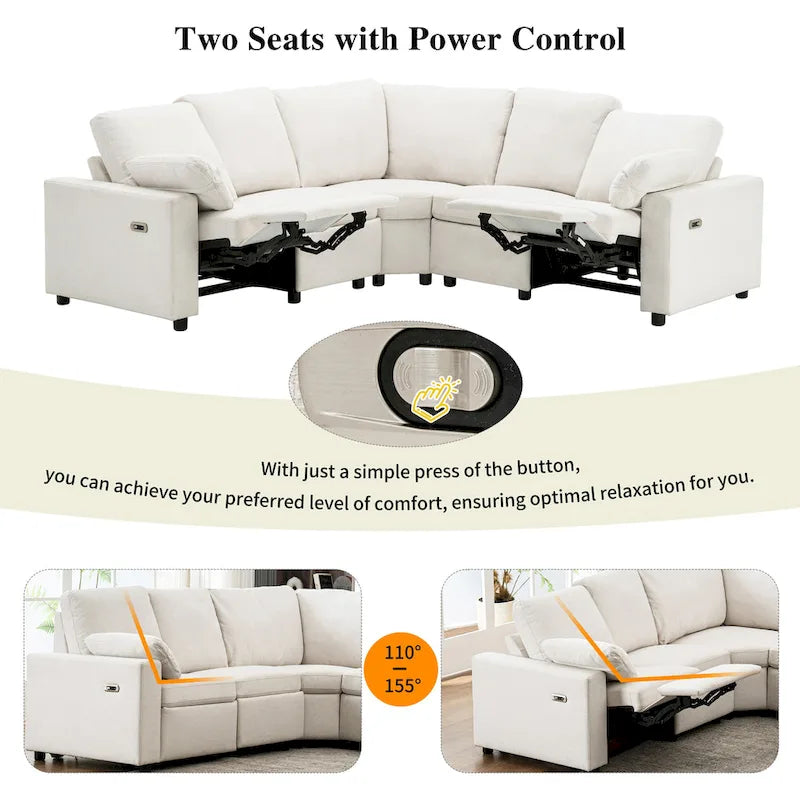 89-calowa modułowa sofa z elektrycznie rozkładanymi siedziskami, rozkładana sofa do kina domowego z dwoma portami USB i dwoma szufladami do przechowywania, do salonu, beżowa