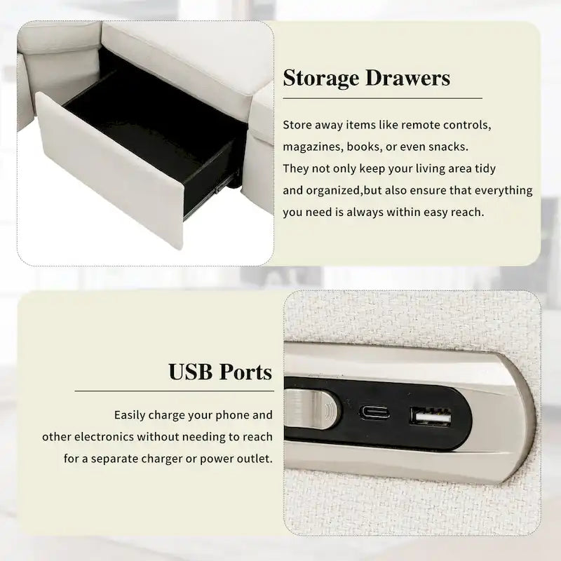89-calowa modułowa sofa z elektrycznie rozkładanymi siedziskami, rozkładana sofa do kina domowego z dwoma portami USB i dwoma szufladami do przechowywania, do salonu, beżowa