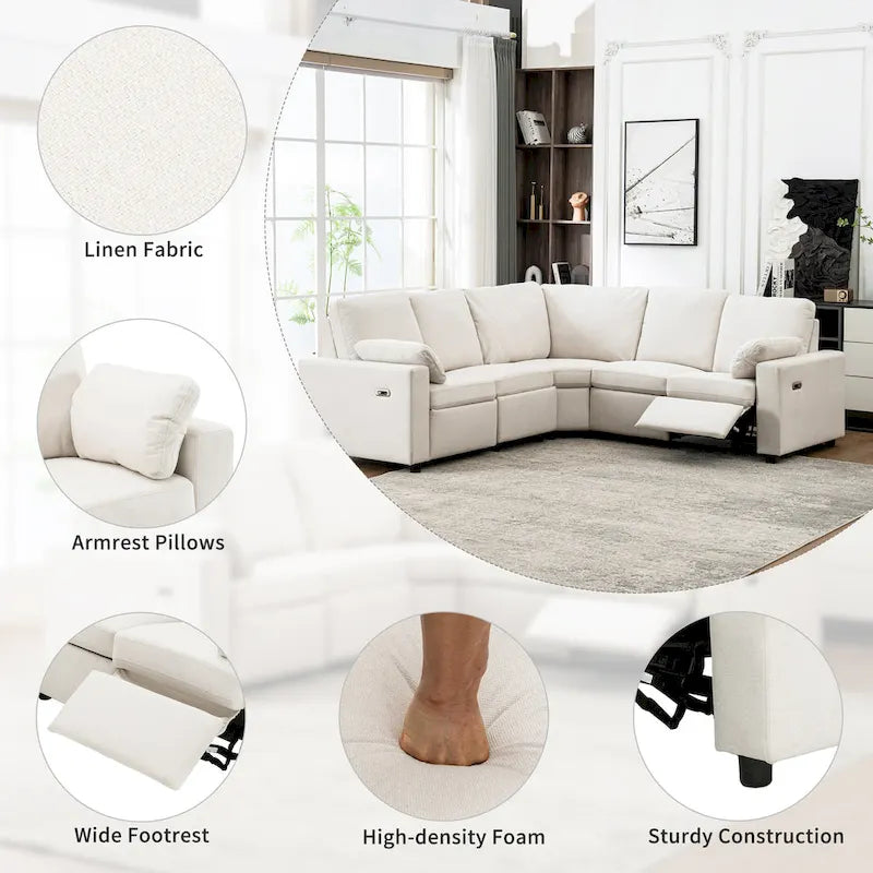 89-calowa modułowa sofa z elektrycznie rozkładanymi siedziskami, rozkładana sofa do kina domowego z dwoma portami USB i dwoma szufladami do przechowywania, do salonu, beżowa