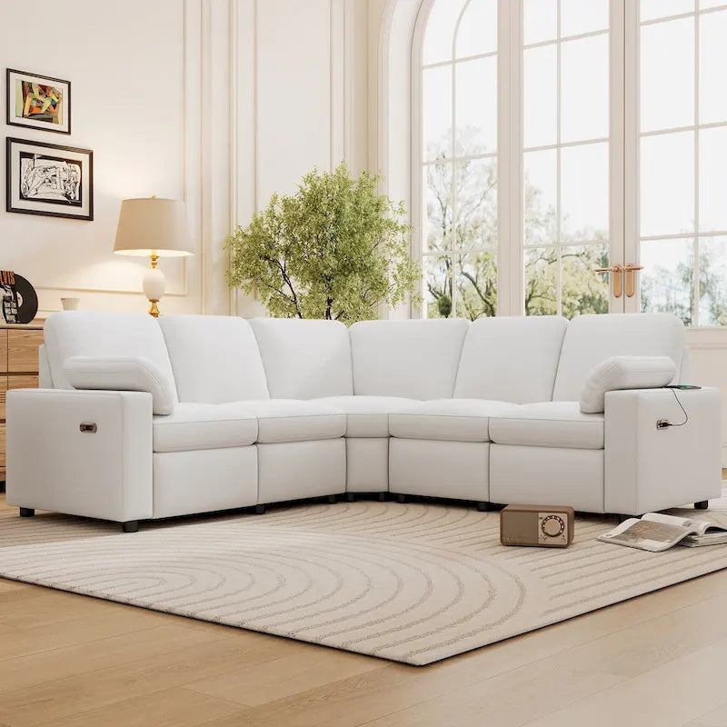 89-calowa modułowa sofa z elektrycznie rozkładanymi siedziskami, rozkładana sofa do kina domowego z dwoma portami USB i dwoma szufladami do przechowywania, do salonu, beżowa