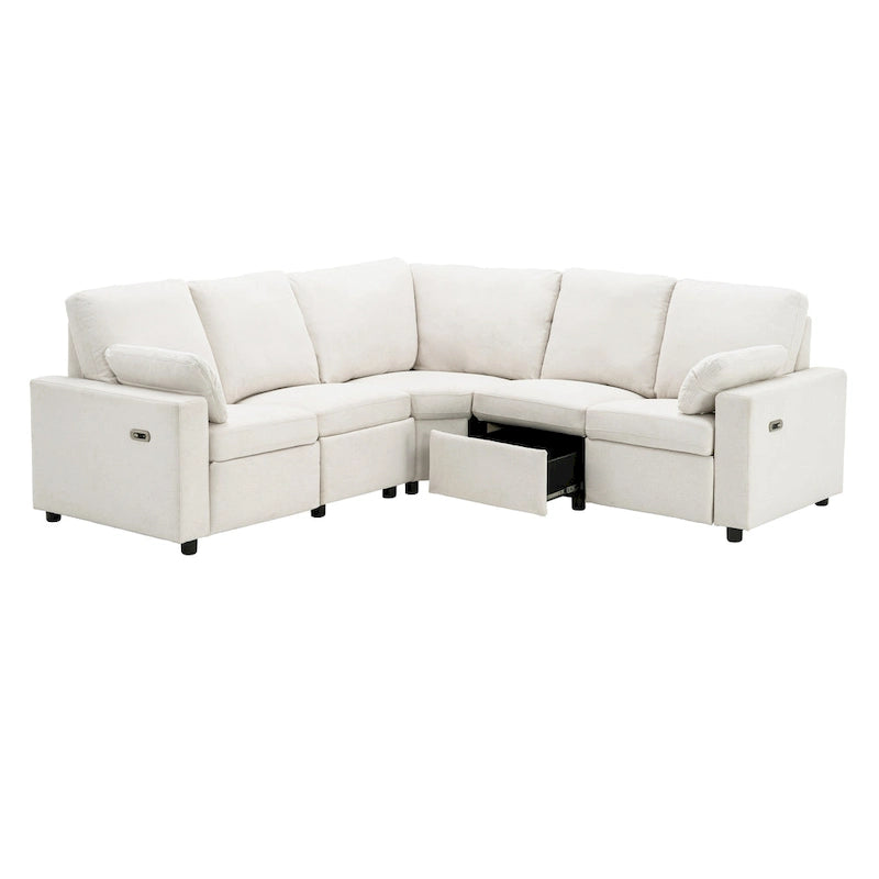 89-calowa modułowa sofa z elektrycznie rozkładanymi siedziskami, rozkładana sofa do kina domowego z dwoma portami USB i dwoma szufladami do przechowywania, do salonu, beżowa