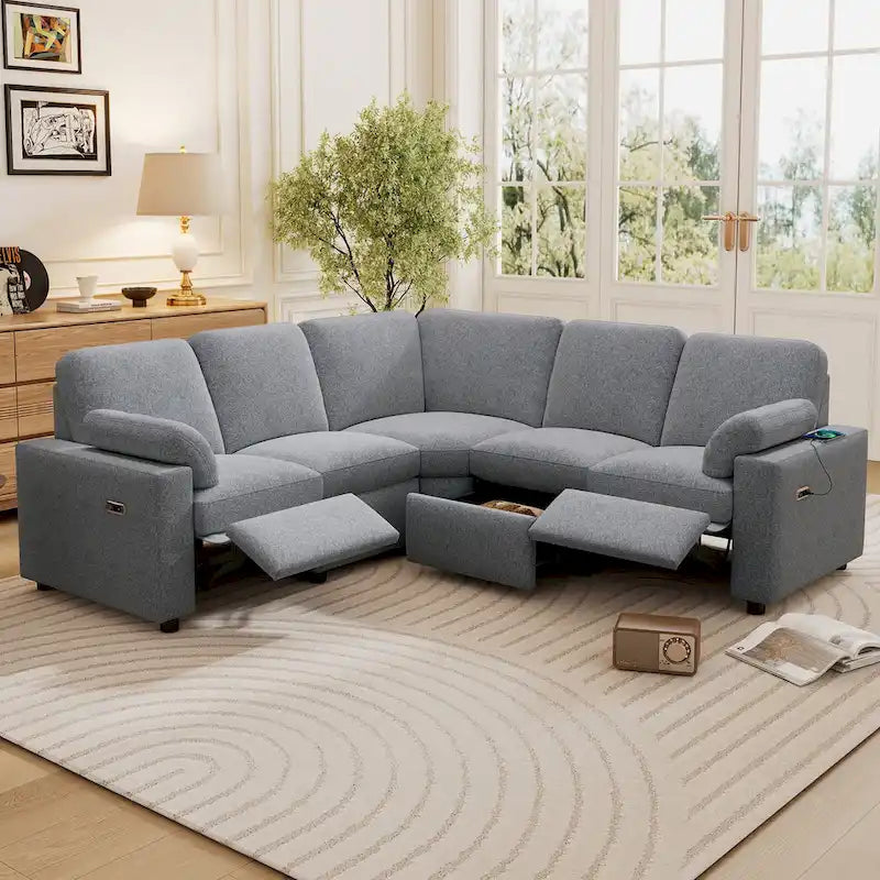 89-calowa modułowa sofa z elektrycznie rozkładanymi siedziskami, rozkładana sofa do kina domowego z dwoma portami USB i dwoma szufladami do przechowywania, do salonu, beżowa