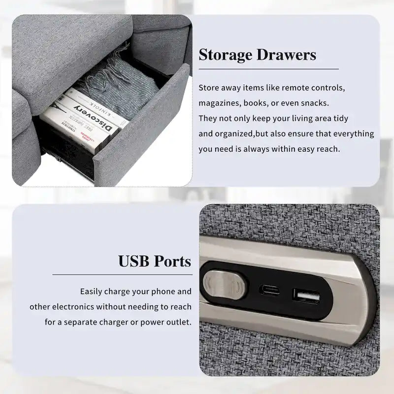 89-calowa modułowa sofa z elektrycznie rozkładanymi siedziskami, rozkładana sofa do kina domowego z dwoma portami USB i dwoma szufladami do przechowywania, do salonu, beżowa