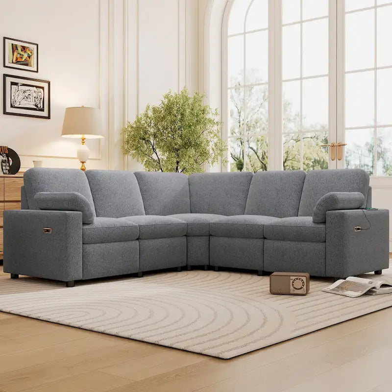 89-calowa modułowa sofa z elektrycznie rozkładanymi siedziskami, rozkładana sofa do kina domowego z dwoma portami USB i dwoma szufladami do przechowywania, do salonu, beżowa
