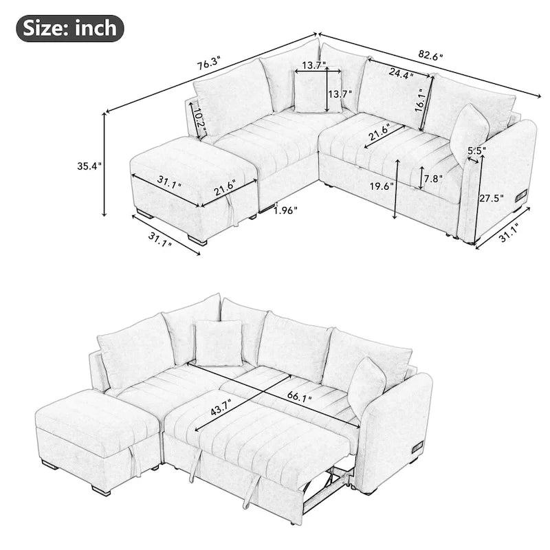 Narożna rozkładana sofa z funkcją spania, z dwoma portami USB i dwoma gniazdkami zasilającymi
