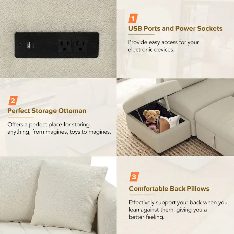 Narożna rozkładana sofa z funkcją spania, z dwoma portami USB i dwoma gniazdkami zasilającymi