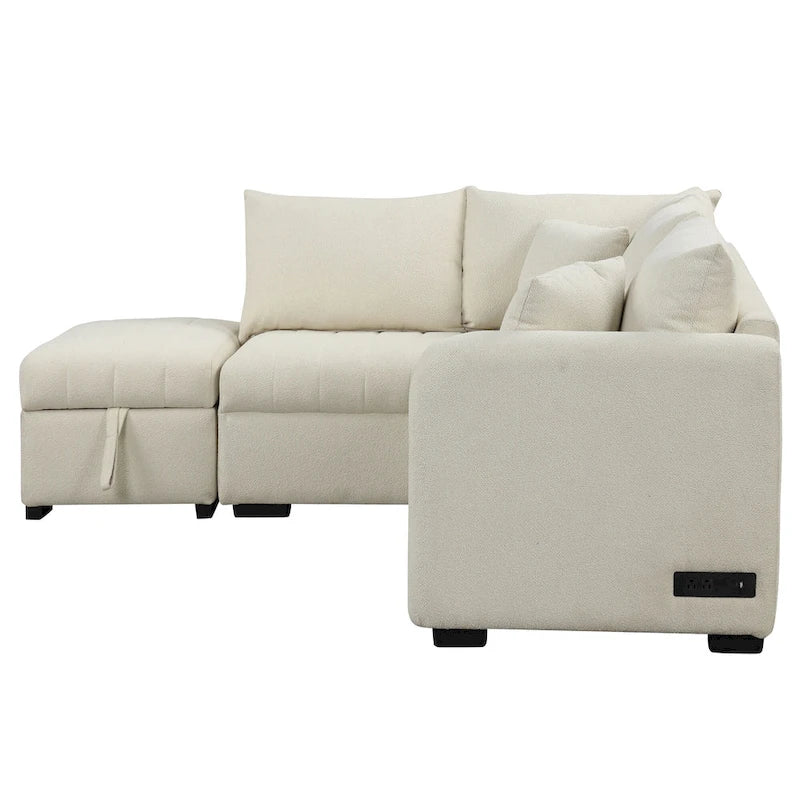 Narożna rozkładana sofa z funkcją spania, z dwoma portami USB i dwoma gniazdkami zasilającymi