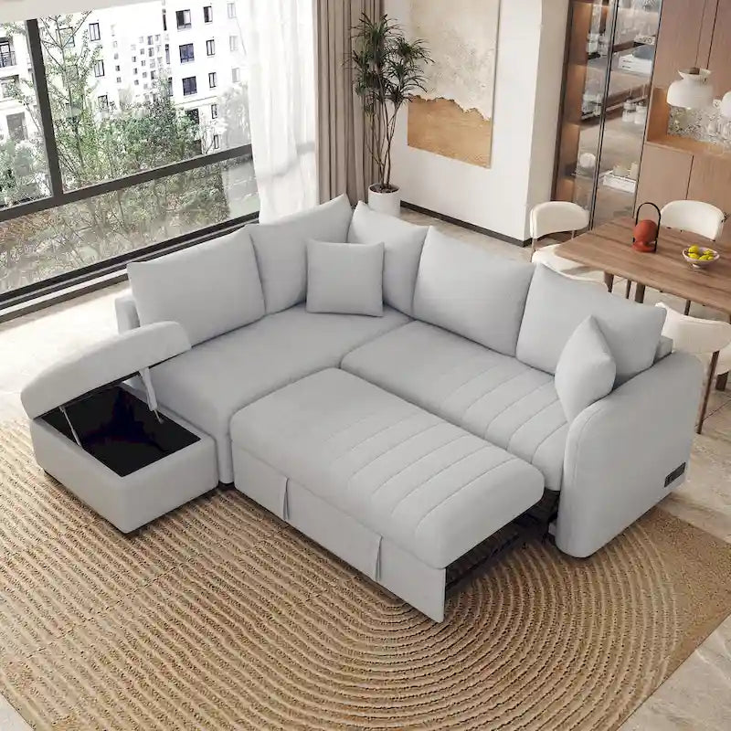Narożna rozkładana sofa z funkcją spania, z dwoma portami USB i dwoma gniazdkami zasilającymi