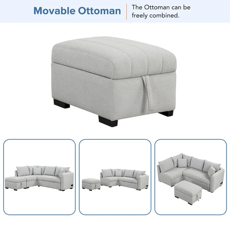 Narożna rozkładana sofa z funkcją spania, z dwoma portami USB i dwoma gniazdkami zasilającymi