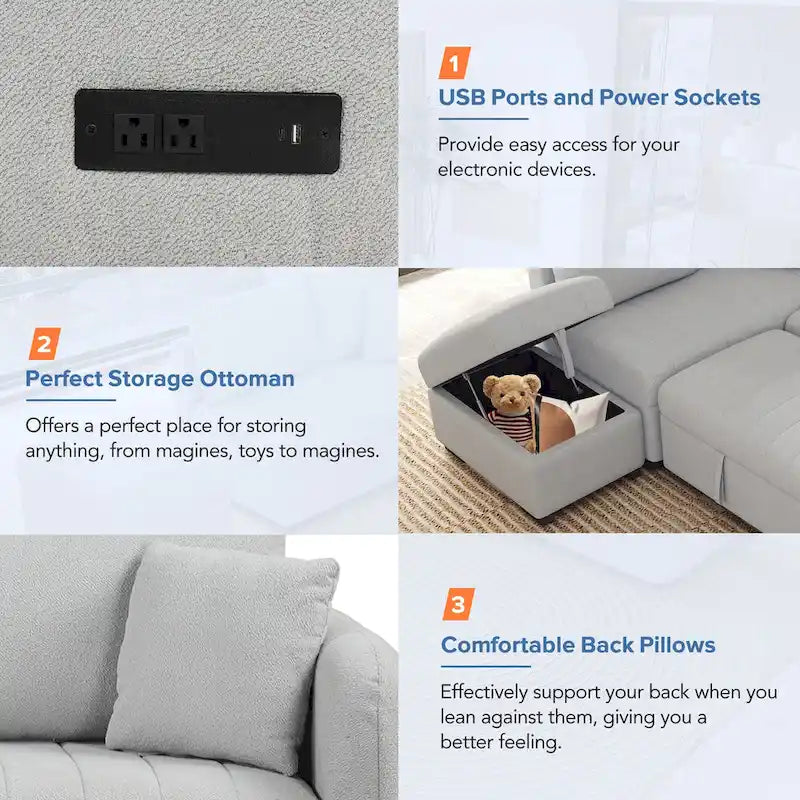 Narożna rozkładana sofa z funkcją spania, z dwoma portami USB i dwoma gniazdkami zasilającymi