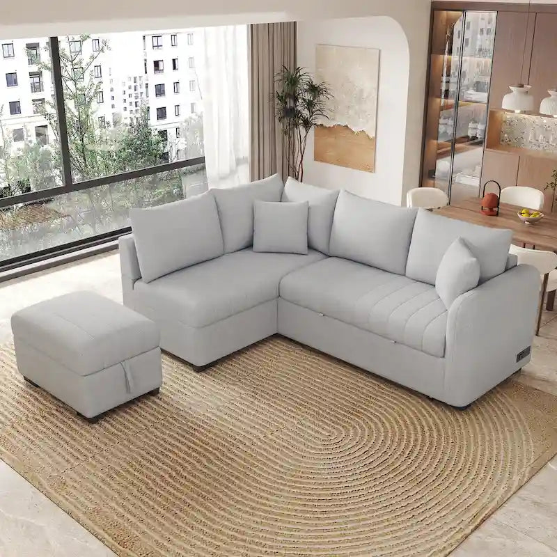 Narożna rozkładana sofa z funkcją spania, z dwoma portami USB i dwoma gniazdkami zasilającymi