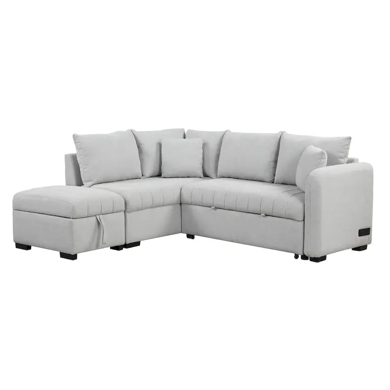 Narożna rozkładana sofa z funkcją spania, z dwoma portami USB i dwoma gniazdkami zasilającymi