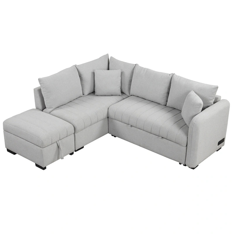 Narożna rozkładana sofa z funkcją spania, z dwoma portami USB i dwoma gniazdkami zasilającymi