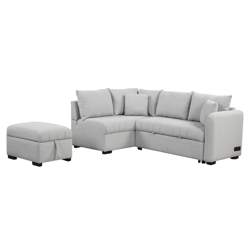 Narożna rozkładana sofa z funkcją spania, z dwoma portami USB i dwoma gniazdkami zasilającymi
