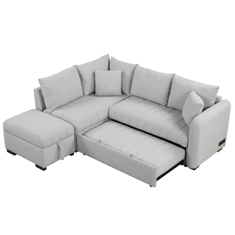 Narożna rozkładana sofa z funkcją spania, z dwoma portami USB i dwoma gniazdkami zasilającymi