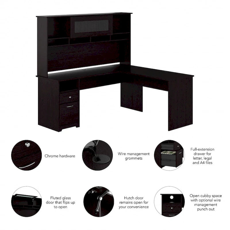 Bureau d'ordinateur en L de 72 po avec huche et tiroirs par Bush Furniture