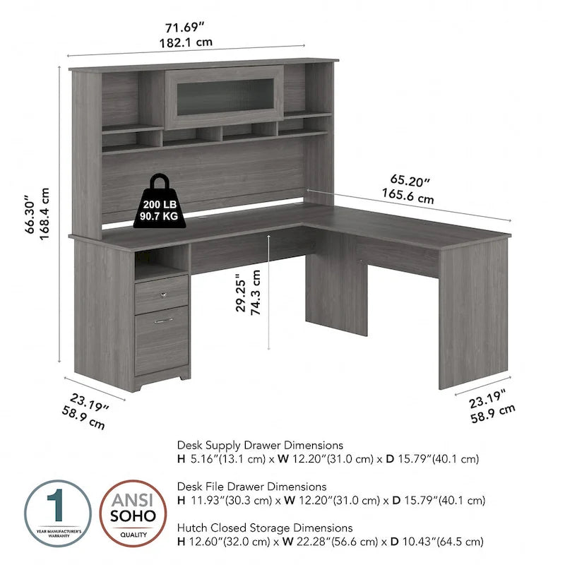 Bureau d'ordinateur en L de 72 po avec huche et tiroirs par Bush Furniture