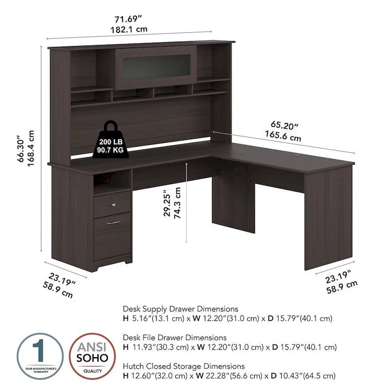 Bureau d'ordinateur en L de 72 po avec huche et tiroirs par Bush Furniture