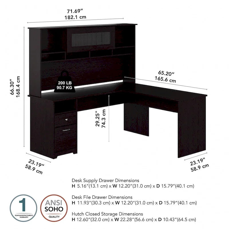 Bureau d'ordinateur en L de 72 po avec huche et tiroirs par Bush Furniture