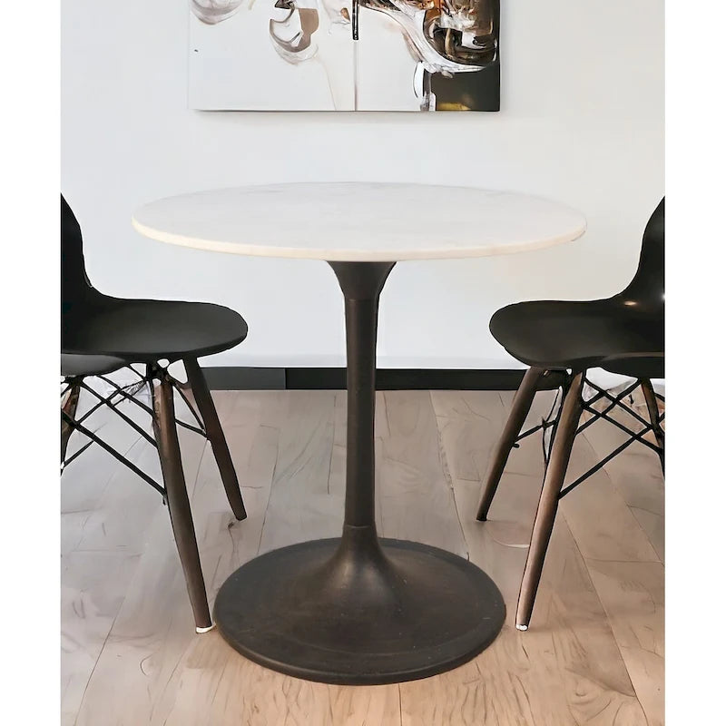 Table de salle à manger 30 po en marbre arrondi blanc et noir avec base en fer et piédestal