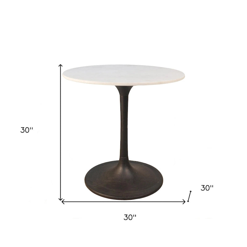 Table de salle à manger 30 po en marbre arrondi blanc et noir avec base en fer et piédestal