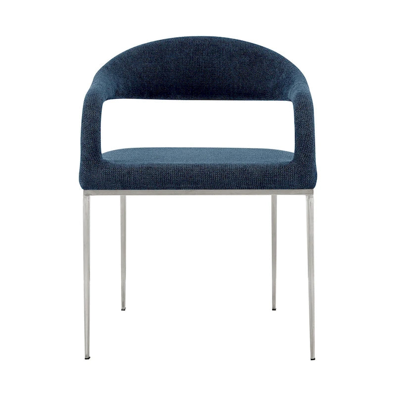 HomeRoots Lot de deux chaises de salle à manger avec accoudoirs, dossier ouvert, en polyester capitonné, bleu et argent