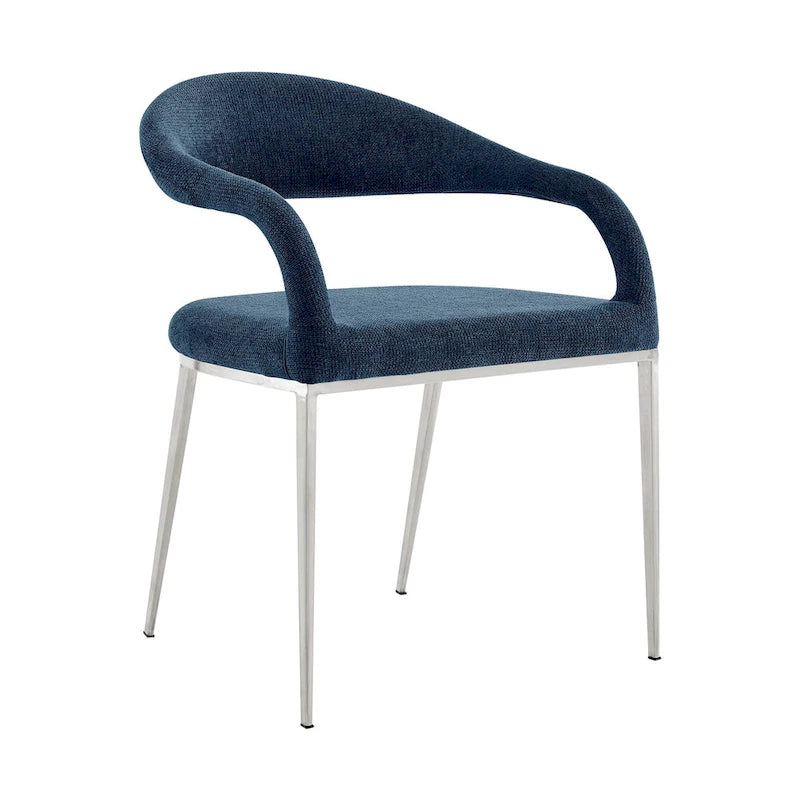 HomeRoots Lot de deux chaises de salle à manger avec accoudoirs, dossier ouvert, en polyester capitonné, bleu et argent