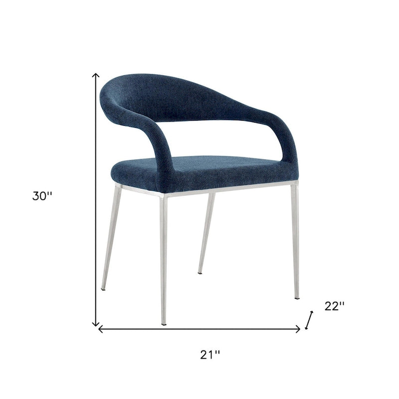 HomeRoots Lot de deux chaises de salle à manger avec accoudoirs, dossier ouvert, en polyester capitonné, bleu et argent