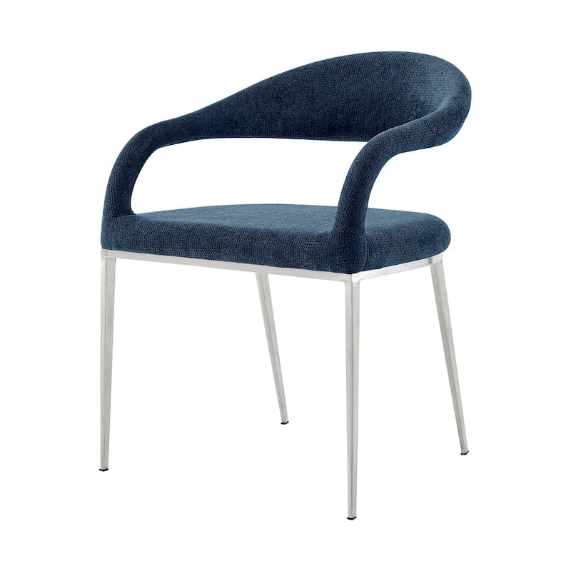 HomeRoots Lot de deux chaises de salle à manger avec accoudoirs, dossier ouvert, en polyester capitonné, bleu et argent