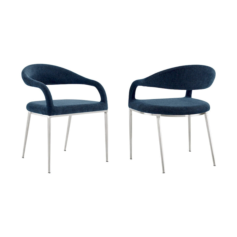 HomeRoots Lot de deux chaises de salle à manger avec accoudoirs, dossier ouvert, en polyester capitonné, bleu et argent