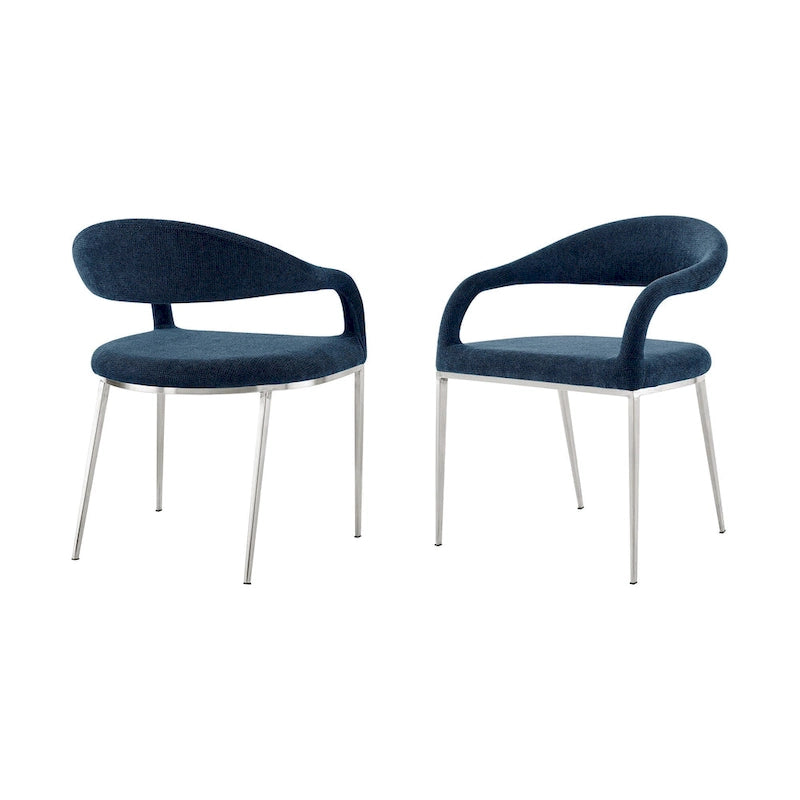 HomeRoots Lot de deux chaises de salle à manger avec accoudoirs, dossier ouvert, en polyester capitonné, bleu et argent
