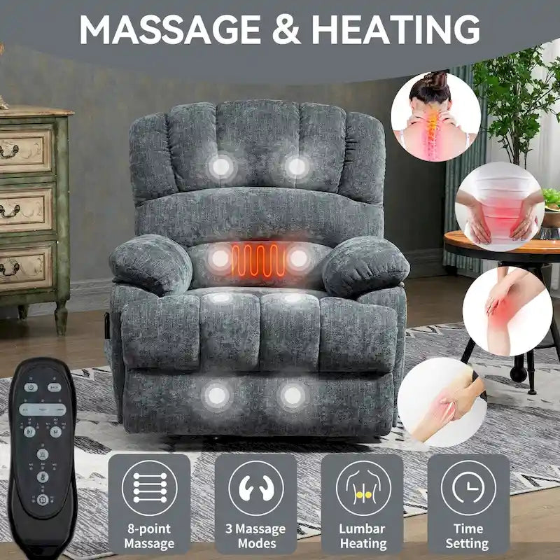 Fauteuil inclinable électrique surdimensionné en chenille avec fonction de levage, massage et chauffage lombaire, port de charge USB