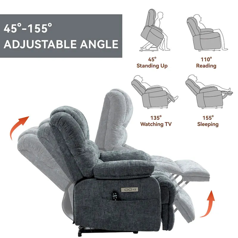 Fauteuil inclinable électrique surdimensionné en chenille avec fonction de levage, massage et chauffage lombaire, port de charge USB