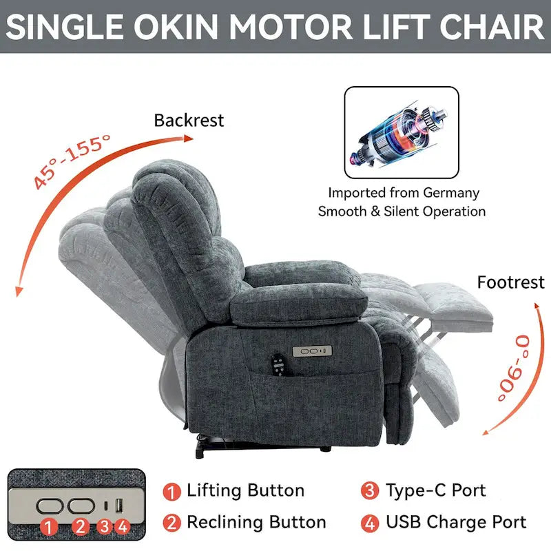 Fauteuil inclinable électrique surdimensionné en chenille avec fonction de levage, massage et chauffage lombaire, port de charge USB