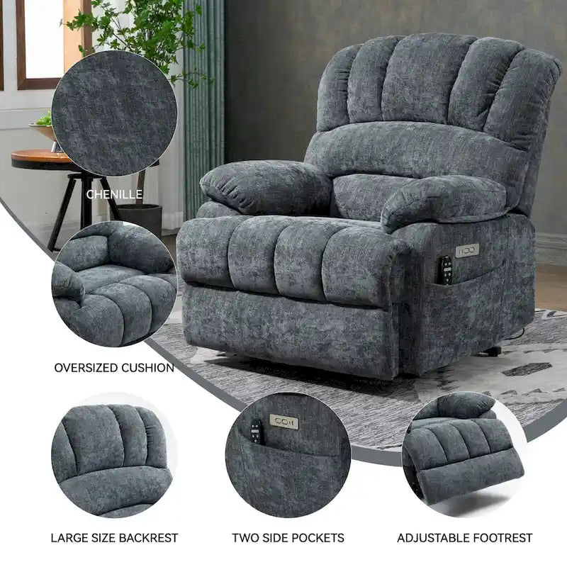 Fauteuil inclinable électrique surdimensionné en chenille avec fonction de levage, massage et chauffage lombaire, port de charge USB