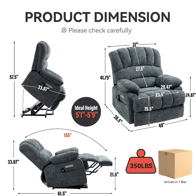 Fauteuil inclinable électrique surdimensionné en chenille avec fonction de levage, massage et chauffage lombaire, port de charge USB