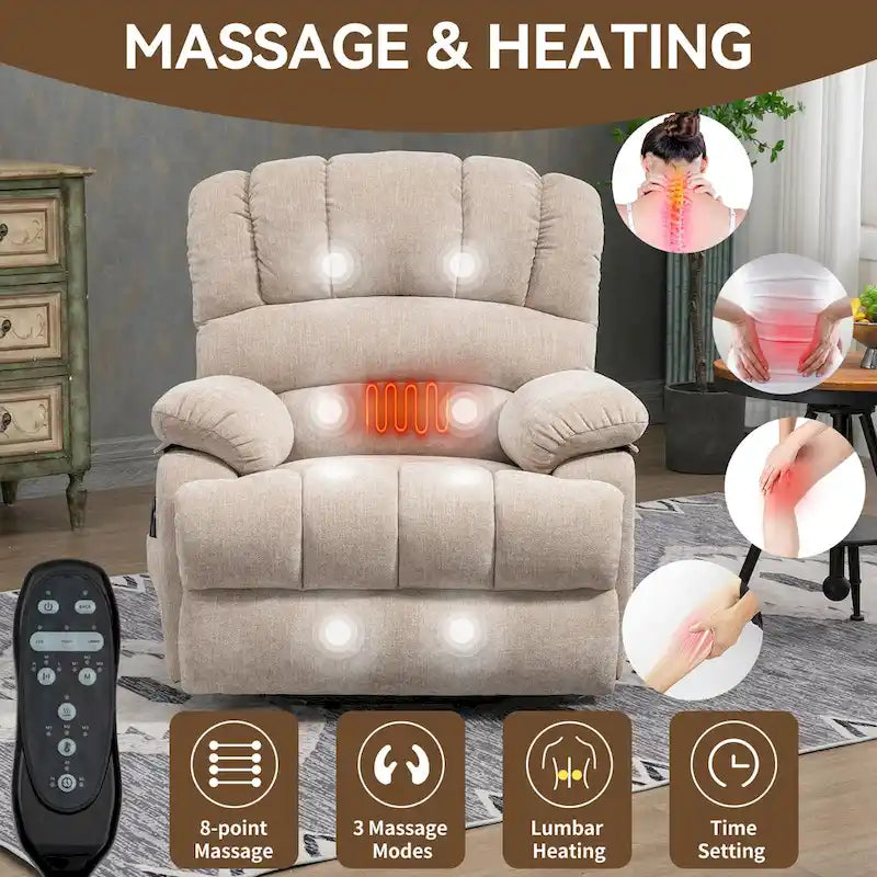Fauteuil inclinable électrique surdimensionné en chenille avec fonction de levage, massage et chauffage lombaire, port de charge USB
