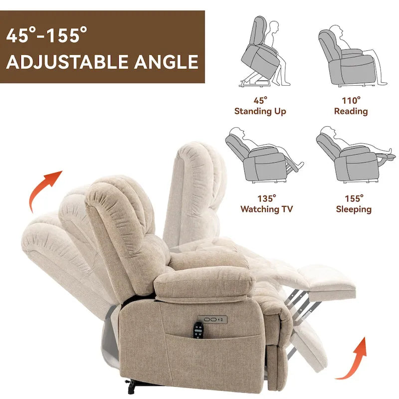 Fauteuil inclinable électrique surdimensionné en chenille avec fonction de levage, massage et chauffage lombaire, port de charge USB
