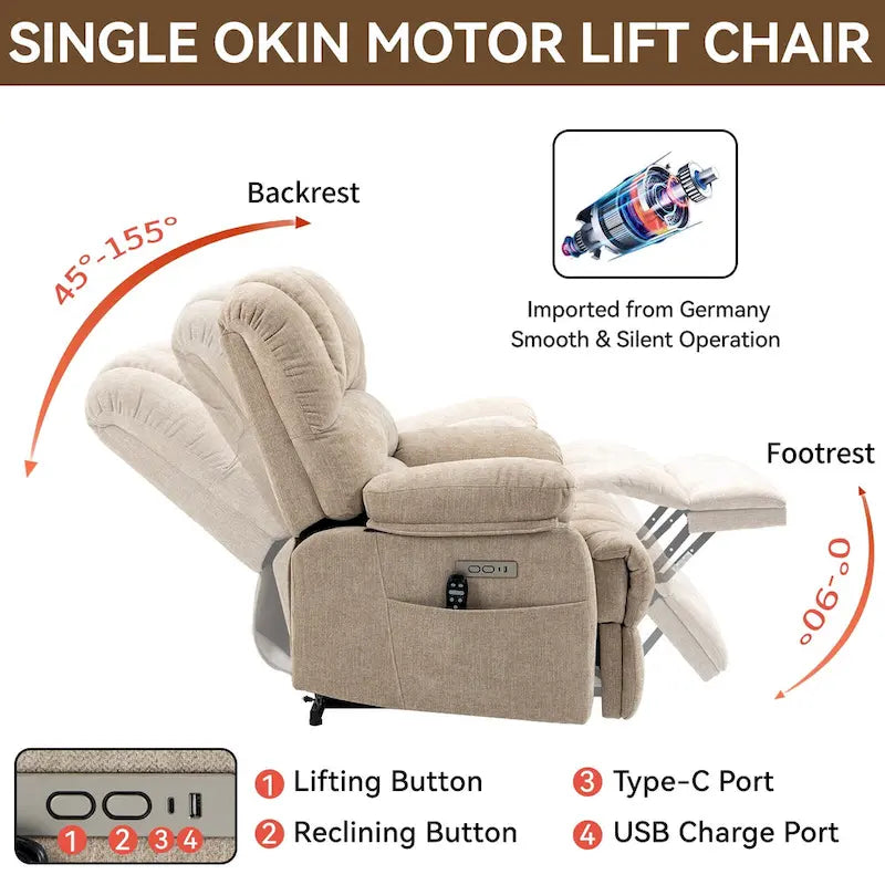 Fauteuil inclinable électrique surdimensionné en chenille avec fonction de levage, massage et chauffage lombaire, port de charge USB
