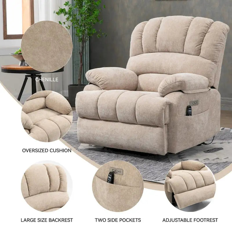 Fauteuil inclinable électrique surdimensionné en chenille avec fonction de levage, massage et chauffage lombaire, port de charge USB
