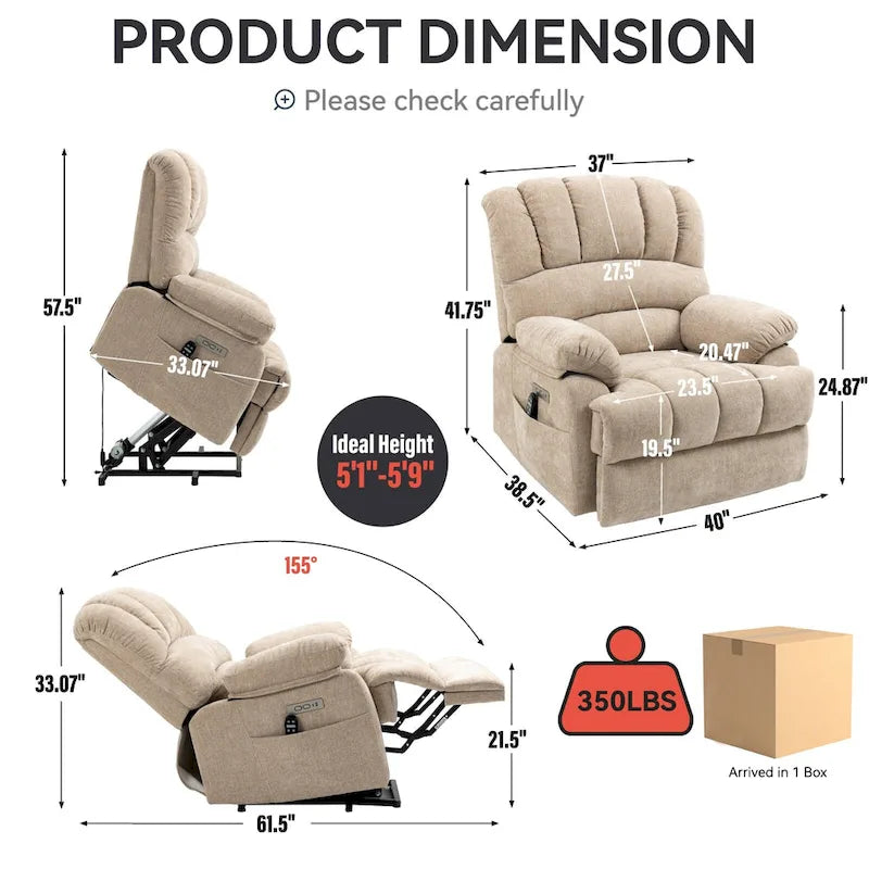 Fauteuil inclinable électrique surdimensionné en chenille avec fonction de levage, massage et chauffage lombaire, port de charge USB